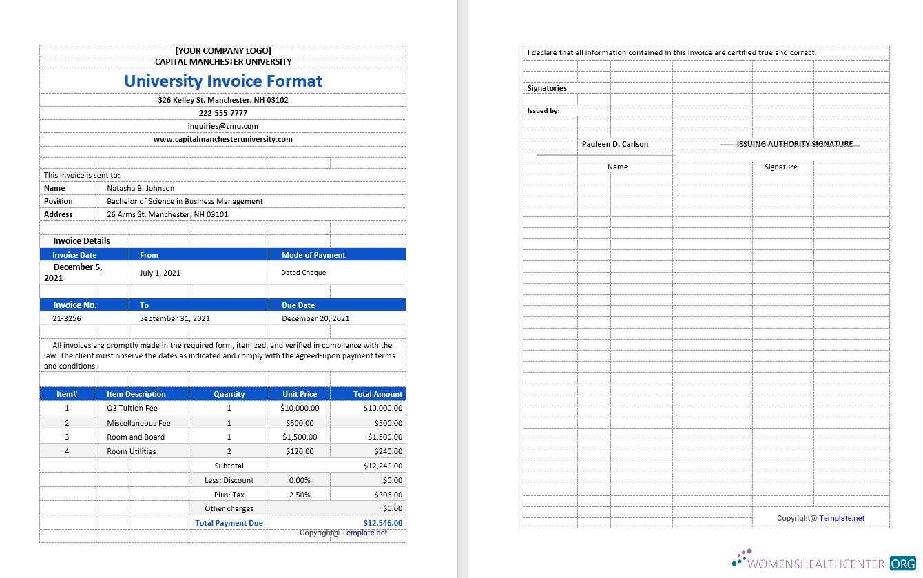 Download Sample University Invoice Template Photoshop template